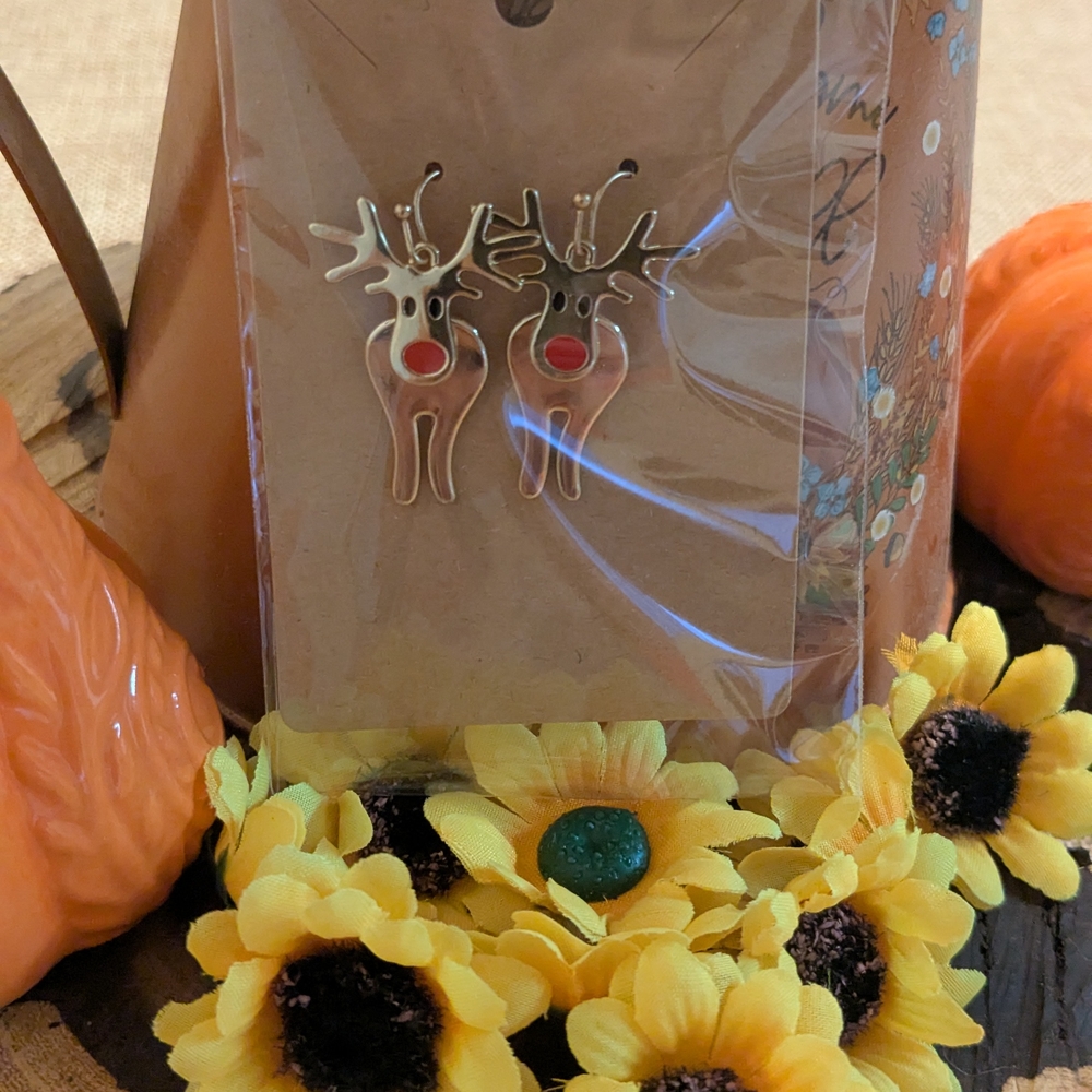 Festive Reindeer Earrings with Red Accents
